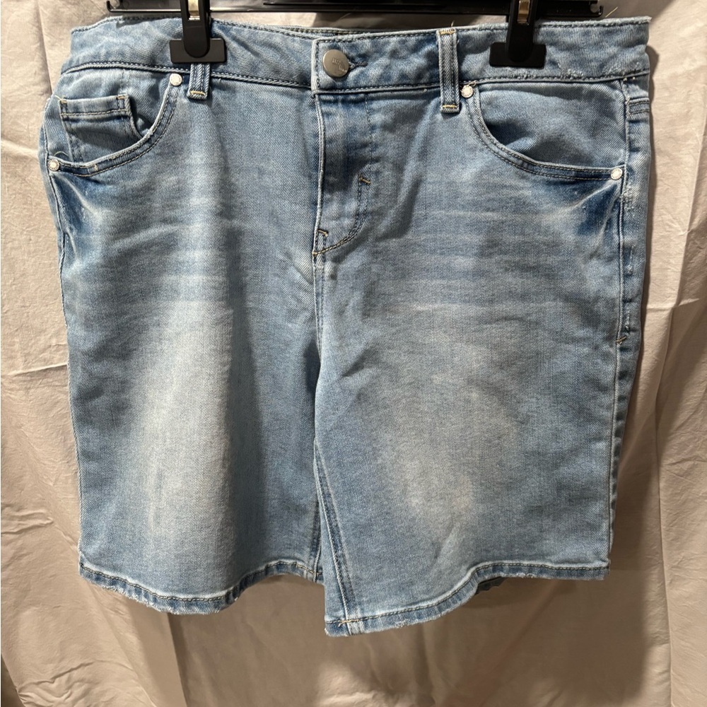 Blue Jean Shorts with Distressed Hem and Mid-Thigh Length
